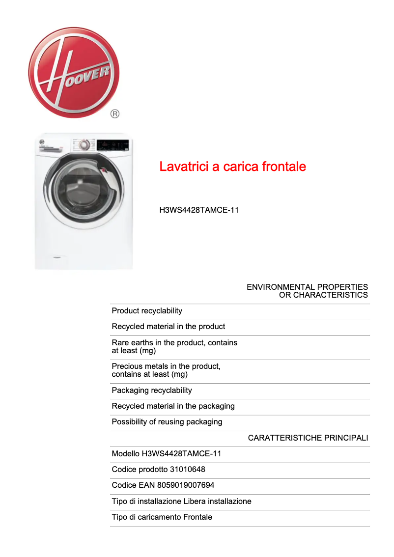 Page n°1 - Fiche technique Hoover H3WS4428TAMCE-11