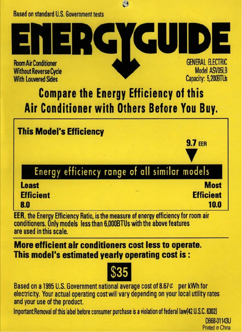 Page n°1 - Label énergétique GE ASV05LB