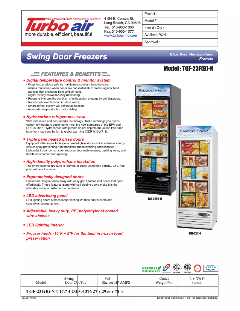 Page 1 de la notice Fiche technique Turbo air TGF-23F