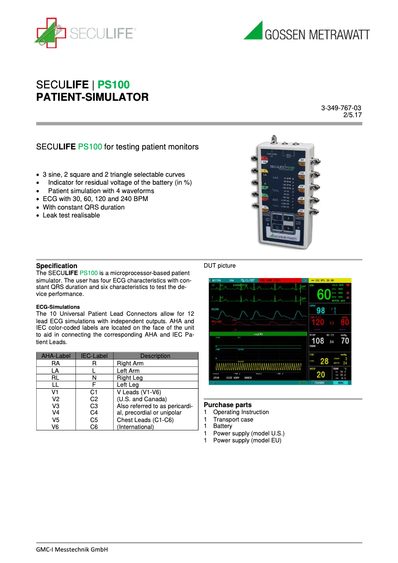 Page 1 de la notice Fiche technique Gossen Metrawatt SECULIFE PS100