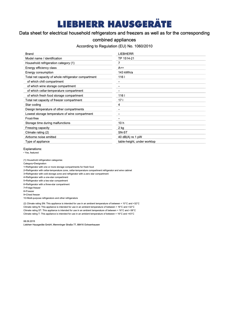 Page 1 de la notice Fiche technique Liebherr TP 1514 Comfort