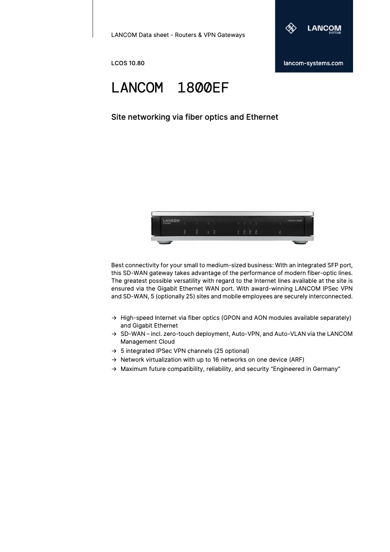 Page 1 de la notice Fiche technique Lancom 1800EF