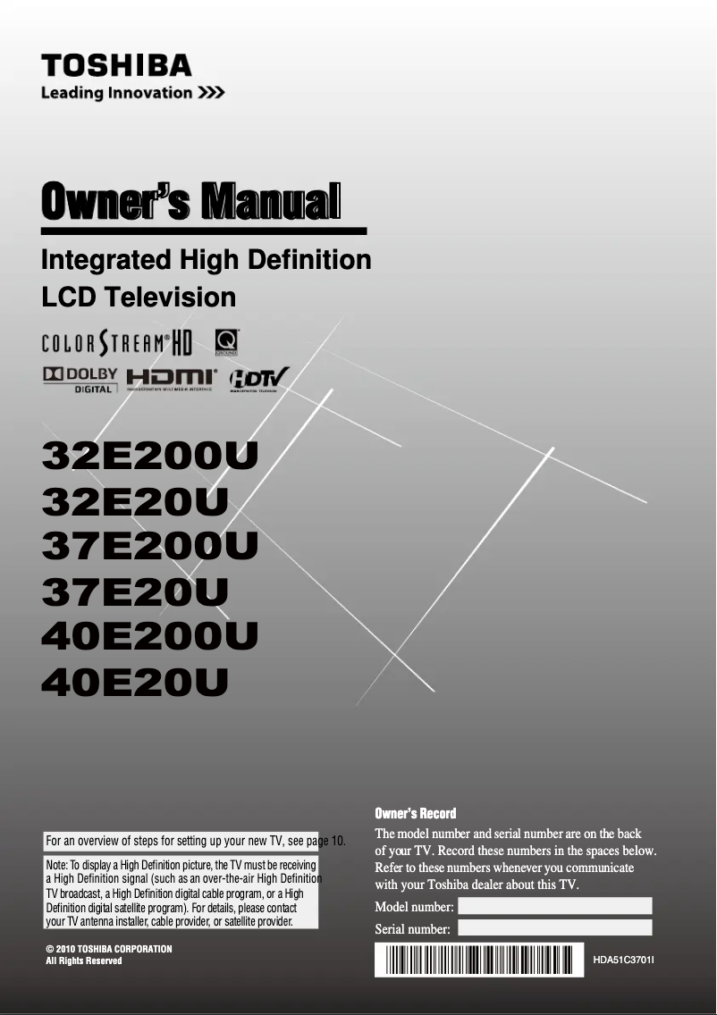 Page n°1 - Manuel utilisateur Toshiba Regza 37E200U