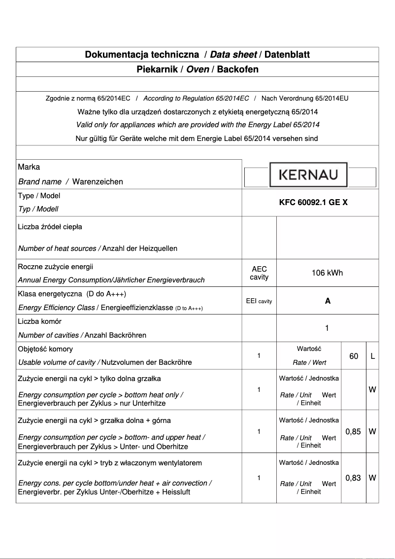 Page 1 de la notice Fiche technique Kernau KFC 60092 GE X