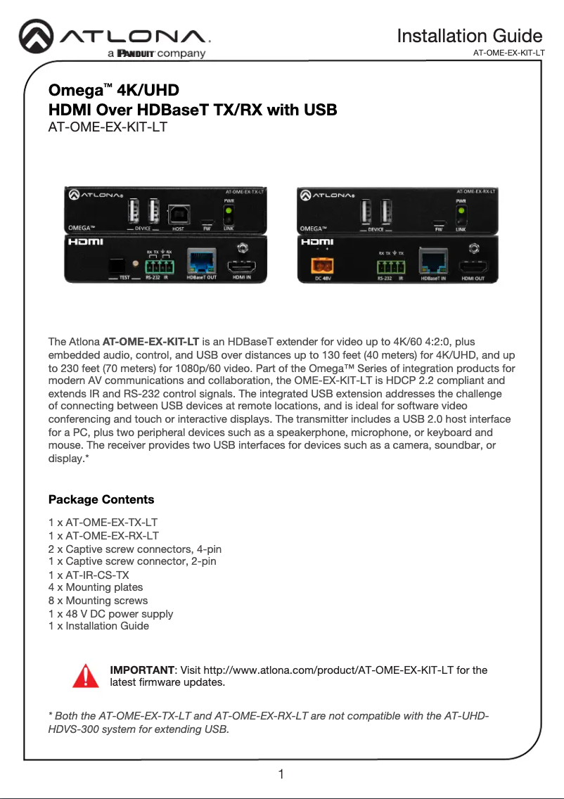 Page 1 de la notice Guide d'installation Atlona AT-OME-EX-KIT-LT