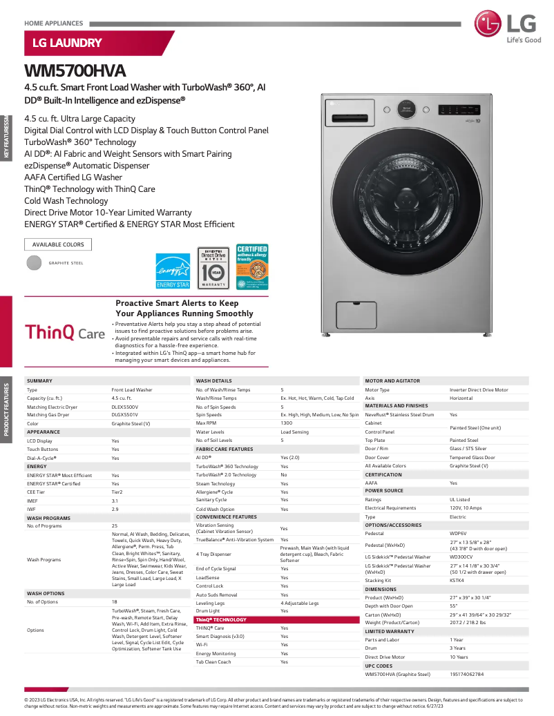 Page n°1 - Fiche technique LG WM5700HVA