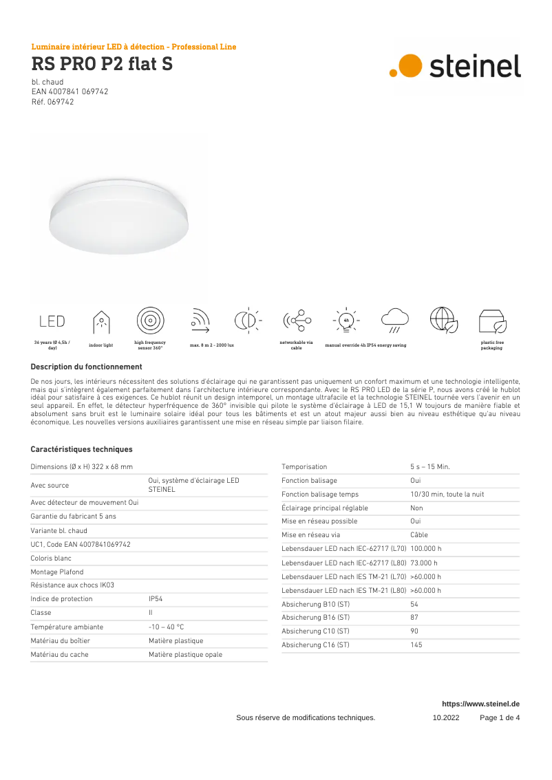 Page 1 de la notice Fiche technique Steinel RS PRO P2 Flat S