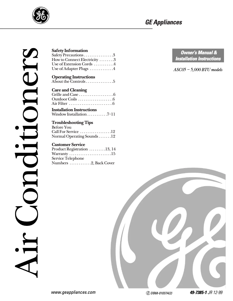 Page n°1 - Manuel d'utilisation et d'entretien GE ASC05LA