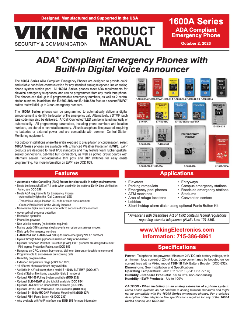 Page 1 de la notice Manuel utilisateur Viking E-1600A