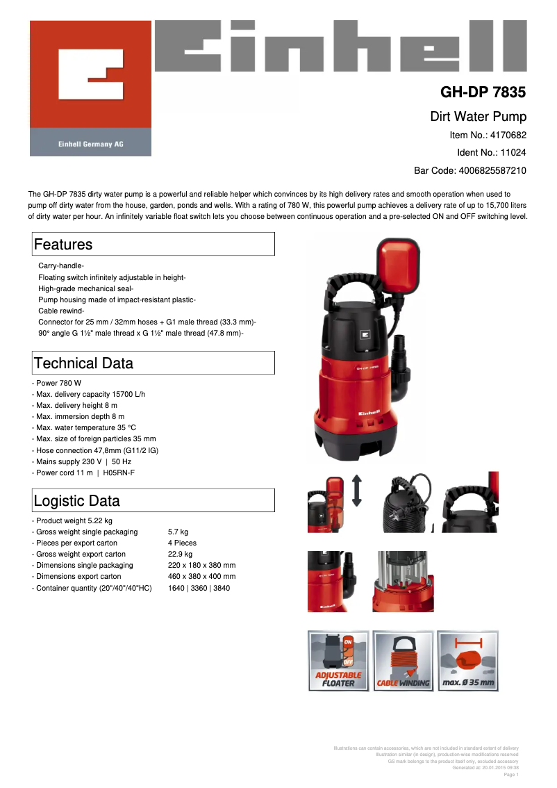 Page 1 de la notice Fiche technique Einhell GH-DP 7835