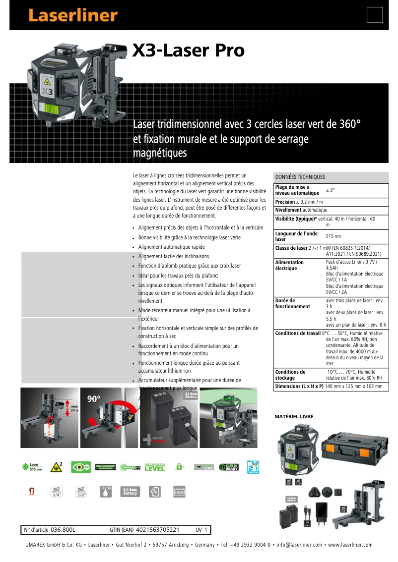 Page 1 de la notice Fiche technique Laserliner X3-Laser Pro
