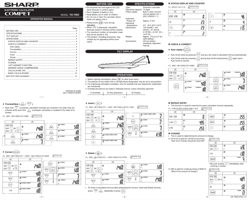 Page 1 de la notice Manuel utilisateur Sharp VX-792C