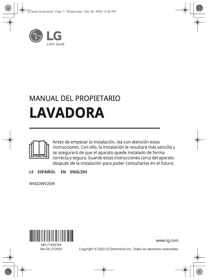 Page 1 de la notice Manuel utilisateur LG WM20WV26W