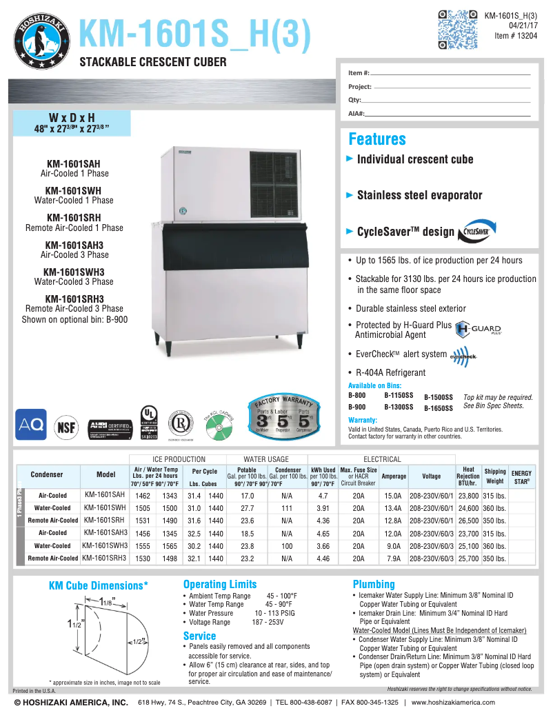 Página 1 del manual Ficha técnica Hoshizaki KM-1601SRH