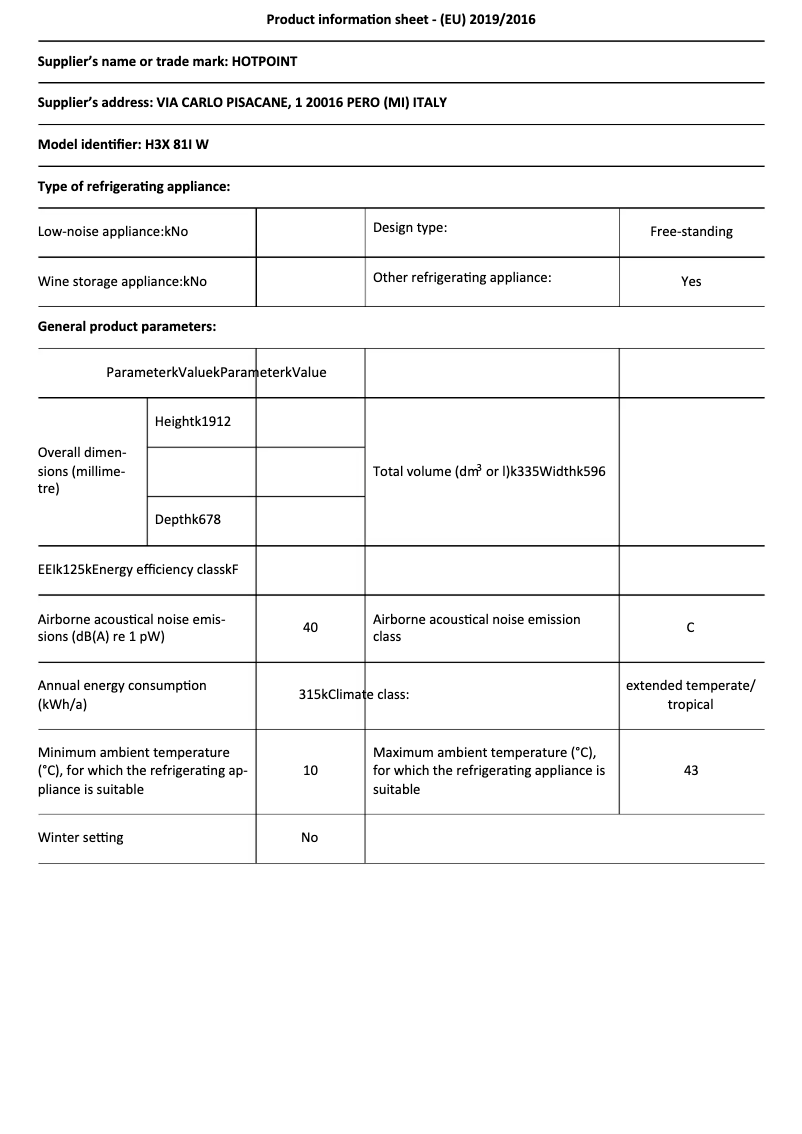 Page 1 de la notice Fiche technique Hotpoint H3X 81I W