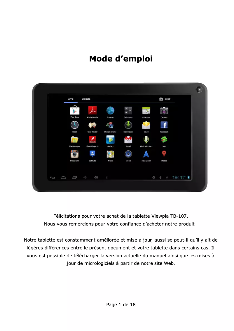 Page 1 de la notice Manuel utilisateur Viewpia TB-107