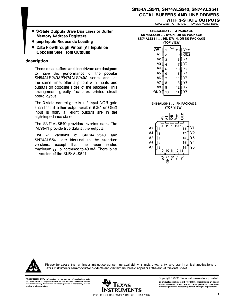 Page 1 de la notice Manuel utilisateur Texas Instruments SN74ALS541N