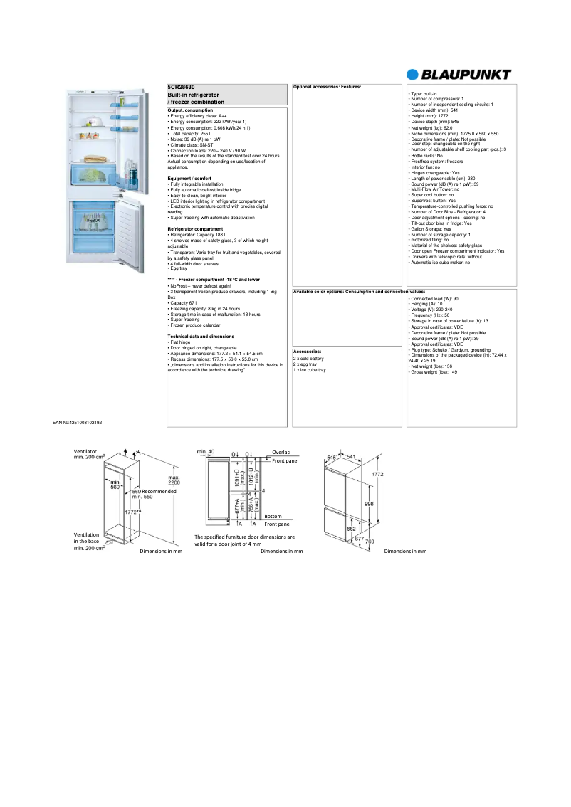 Page 1 de la notice Fiche technique Blaupunkt 5CR28630