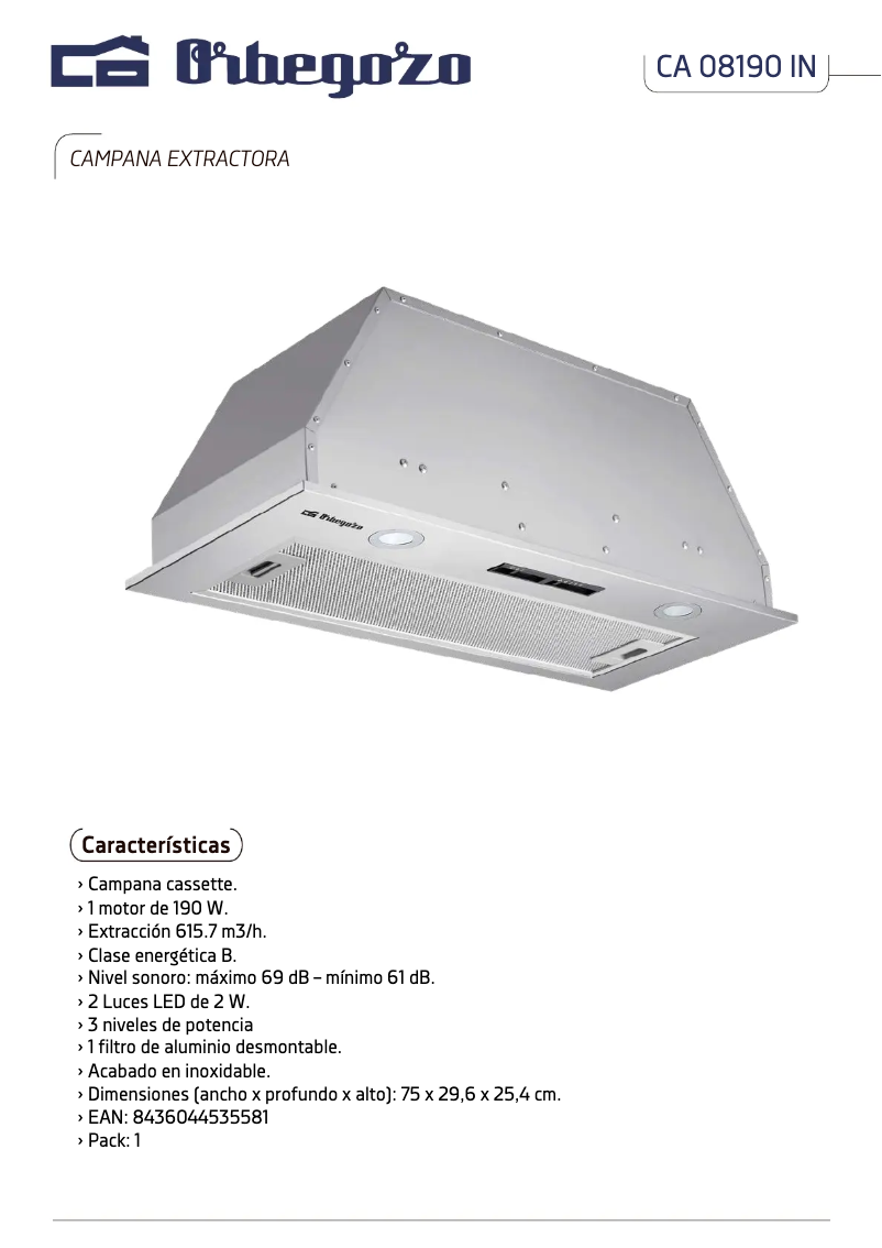 Page n°1 - Fiche technique Orbegozo CA 08190 IN