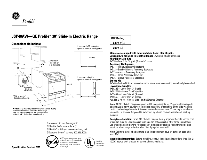 Page n°1 - Fiche technique GE Profile JSP40AWAA