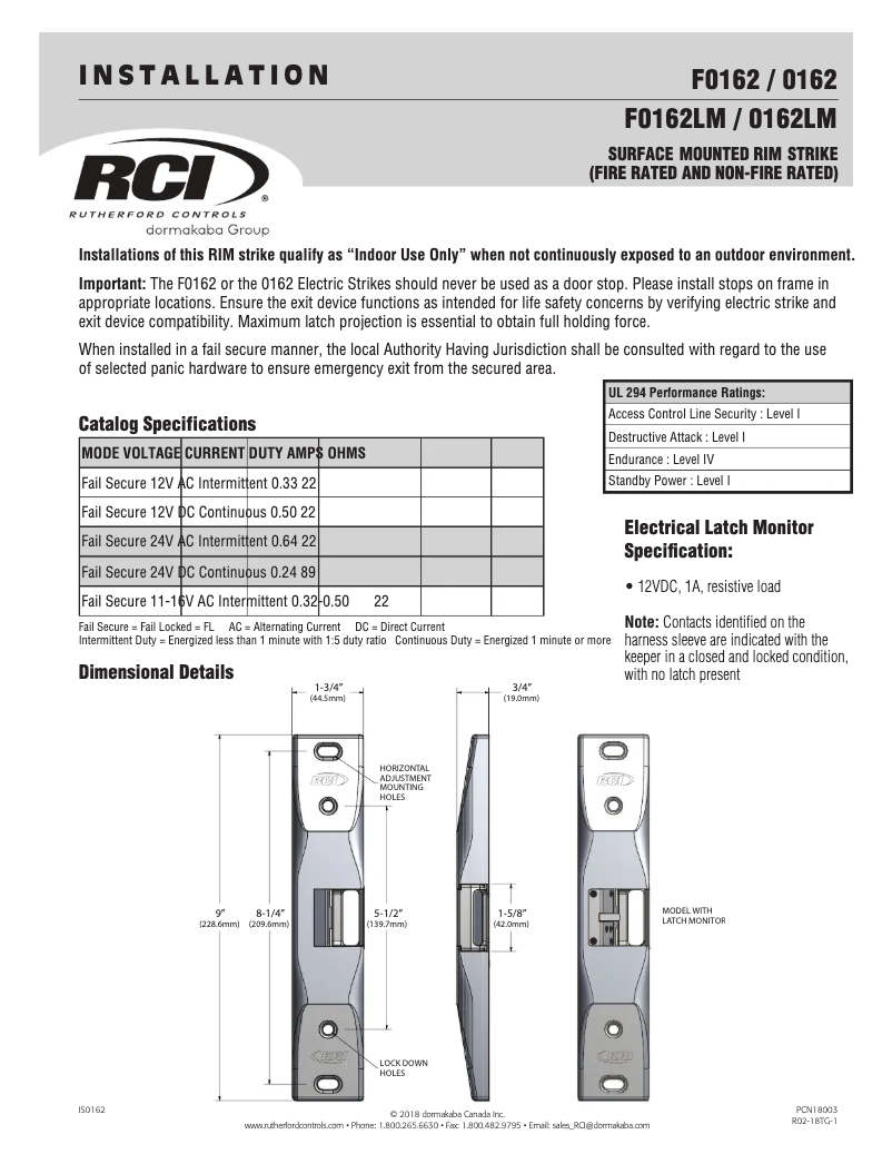 Page 1 de la notice Manuel utilisateur Dormakaba RCI 0162