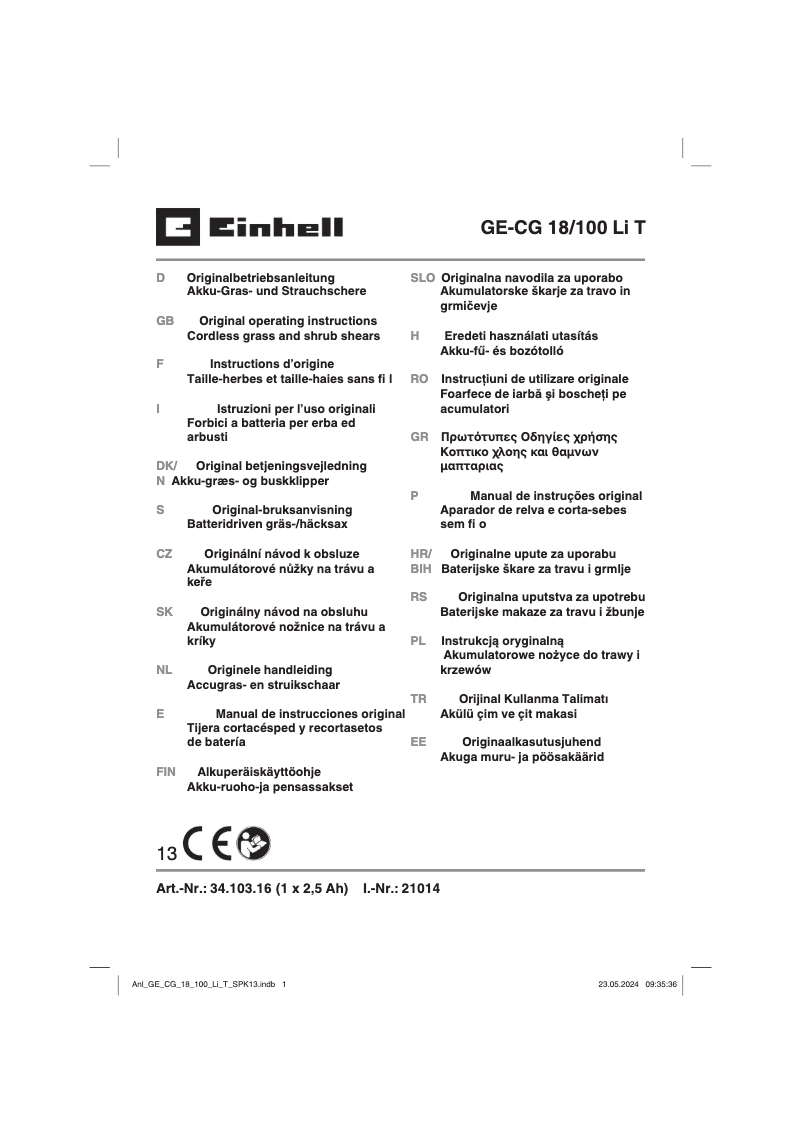 Page 1 de la notice Manuel utilisateur Einhell GE-CG 18/100 Li T