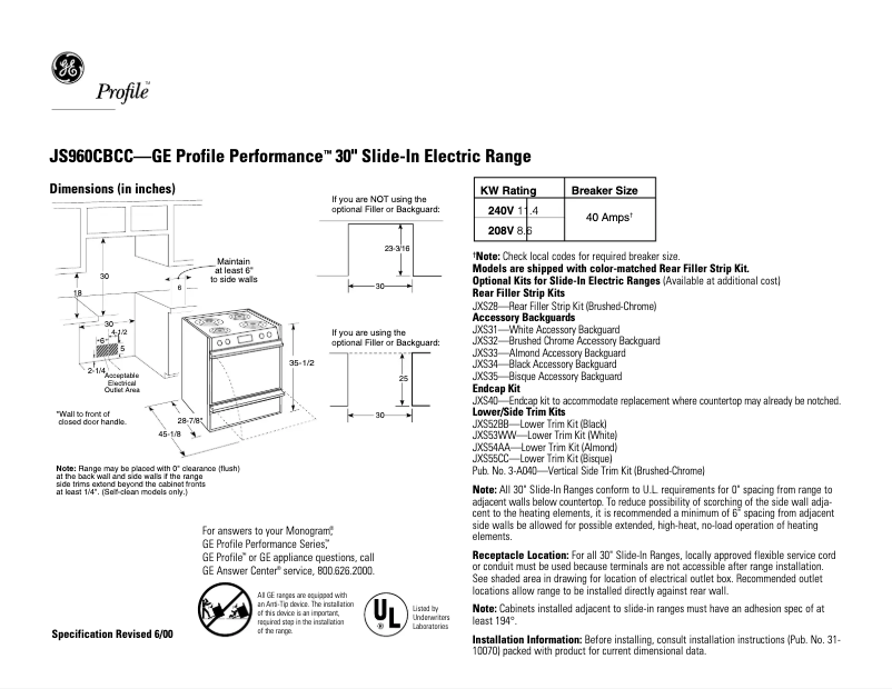 Página 1 del manual Ficha técnica GE Profile Performance JS960CBCC