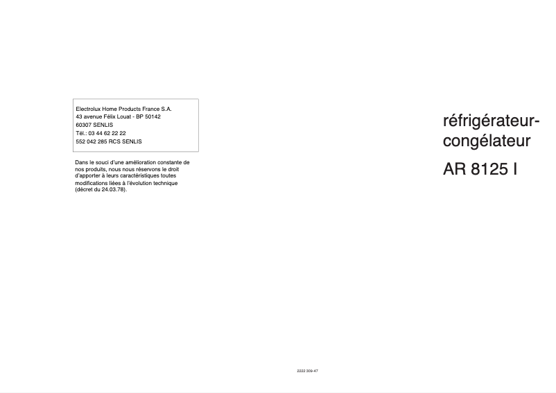 Page 1 de la notice Manuel utilisateur Arthur Martin-Electrolux AR8125I