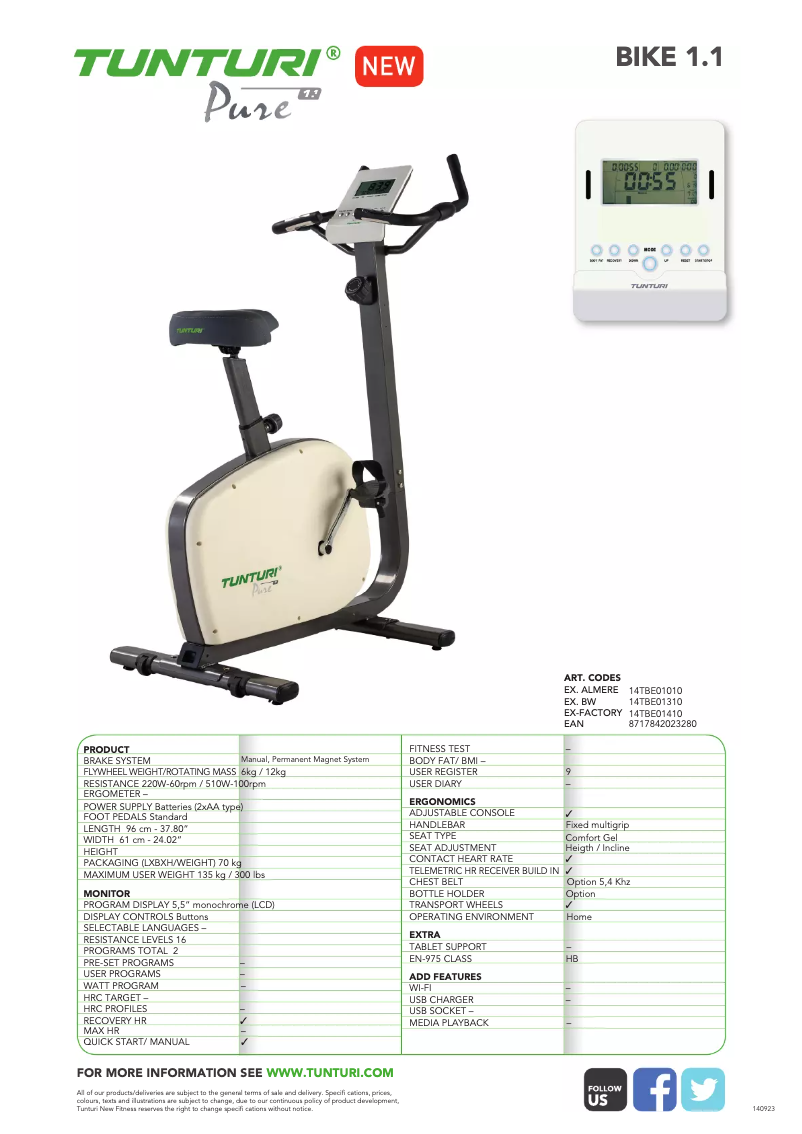 Page n°1 - Manuel utilisateur Tunturi Pure Bike 1.1