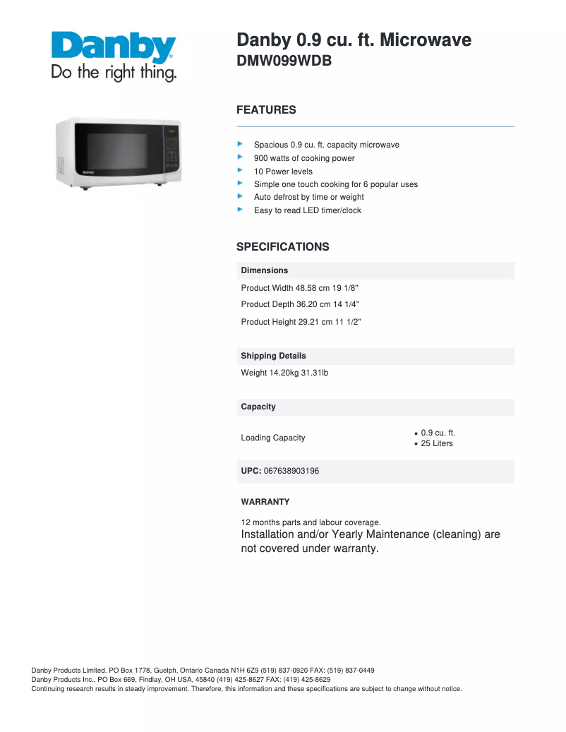 Página 1 del manual Ficha técnica Danby DMW099WDB