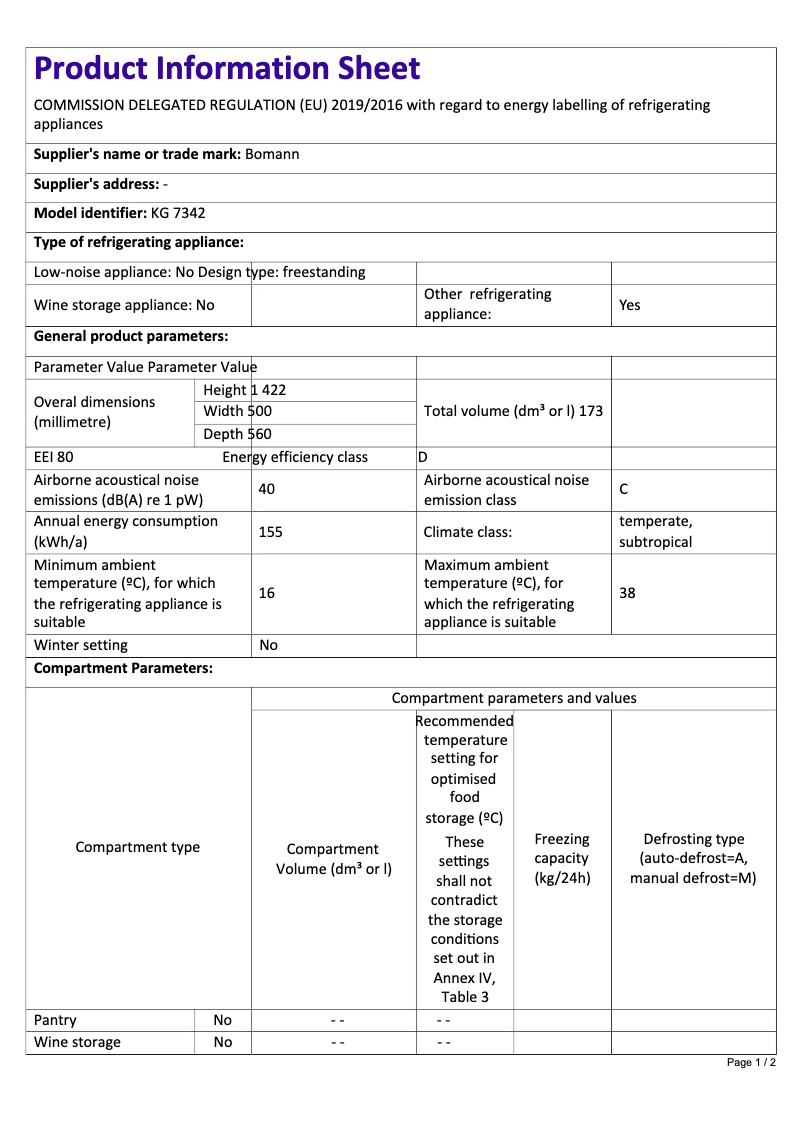 Page 1 de la notice Fiche technique Bomann KG 7342