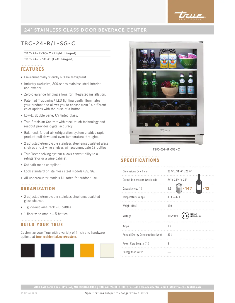 Page 1 de la notice Fiche technique True TBC-24-R-SG-C