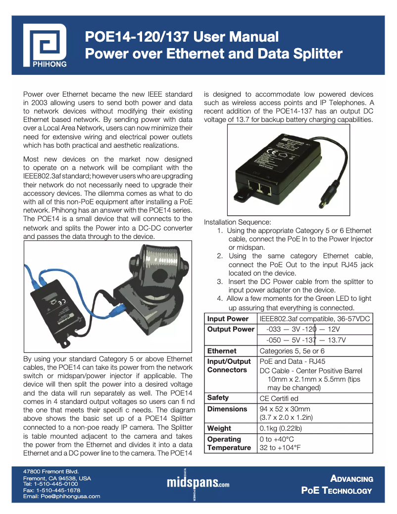 Page 1 de la notice Manuel utilisateur Phihong POE14-033