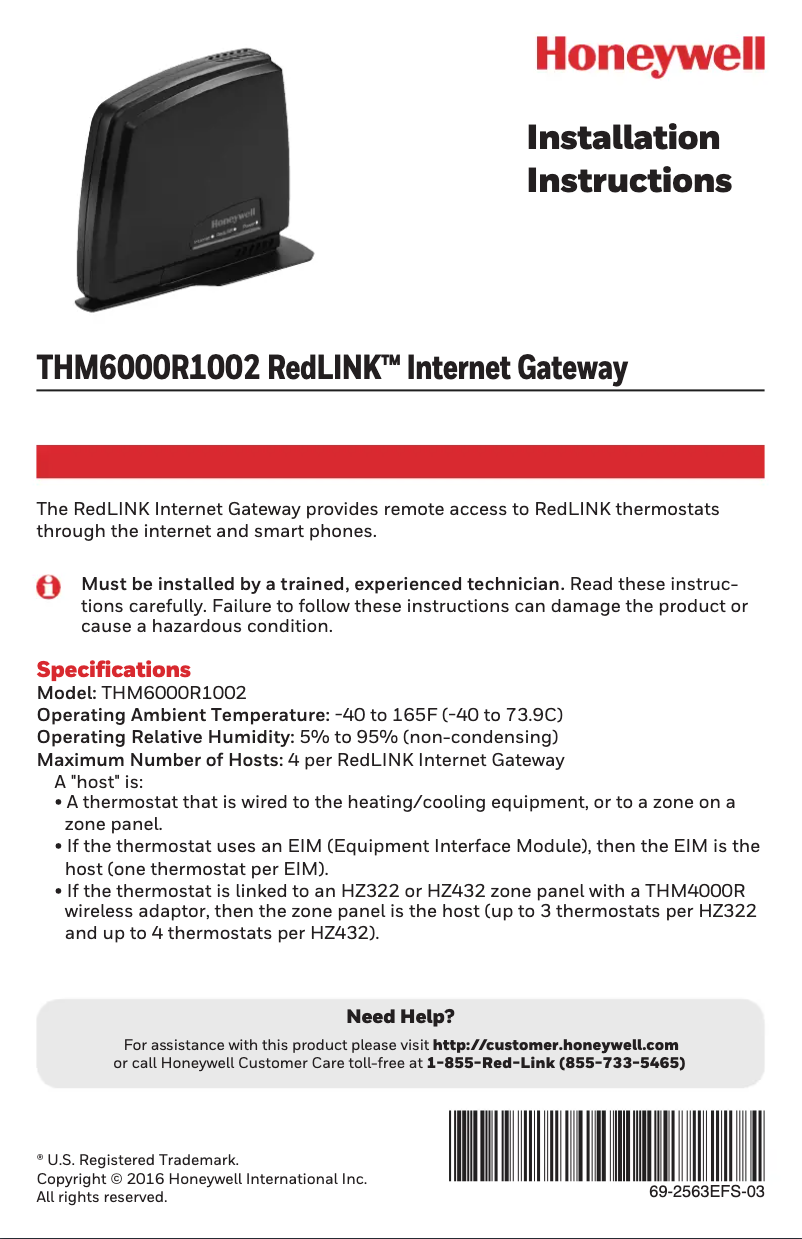 Page 1 de la notice Manuel utilisateur Honeywell RedLink THM6000R1002