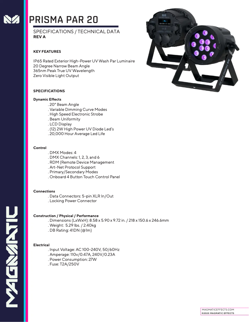 Page 1 de la notice Fiche technique Magmatic Prisma PAR 20