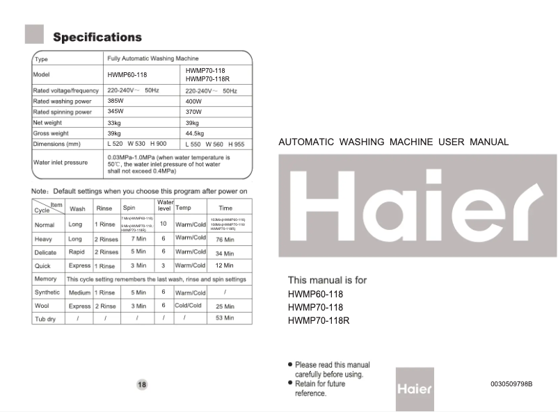 Page 1 de la notice Manuel utilisateur Haier HWMP70-118R