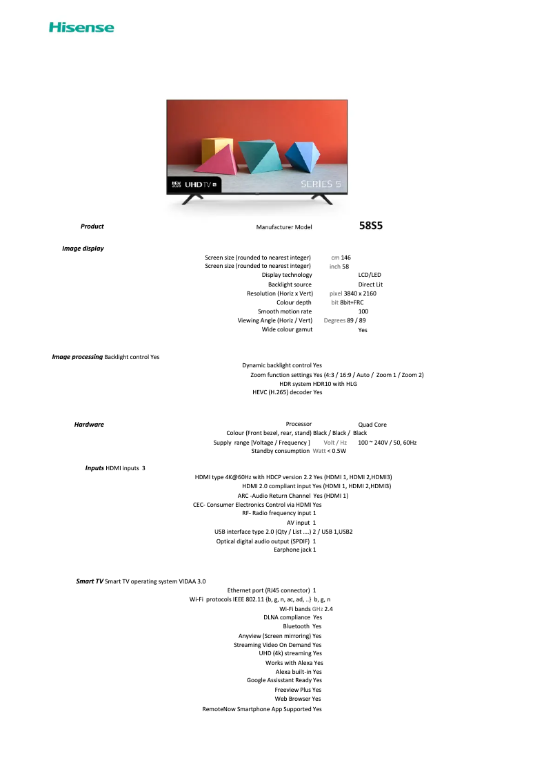 Page 1 de la notice Fiche technique Hisense 58S5