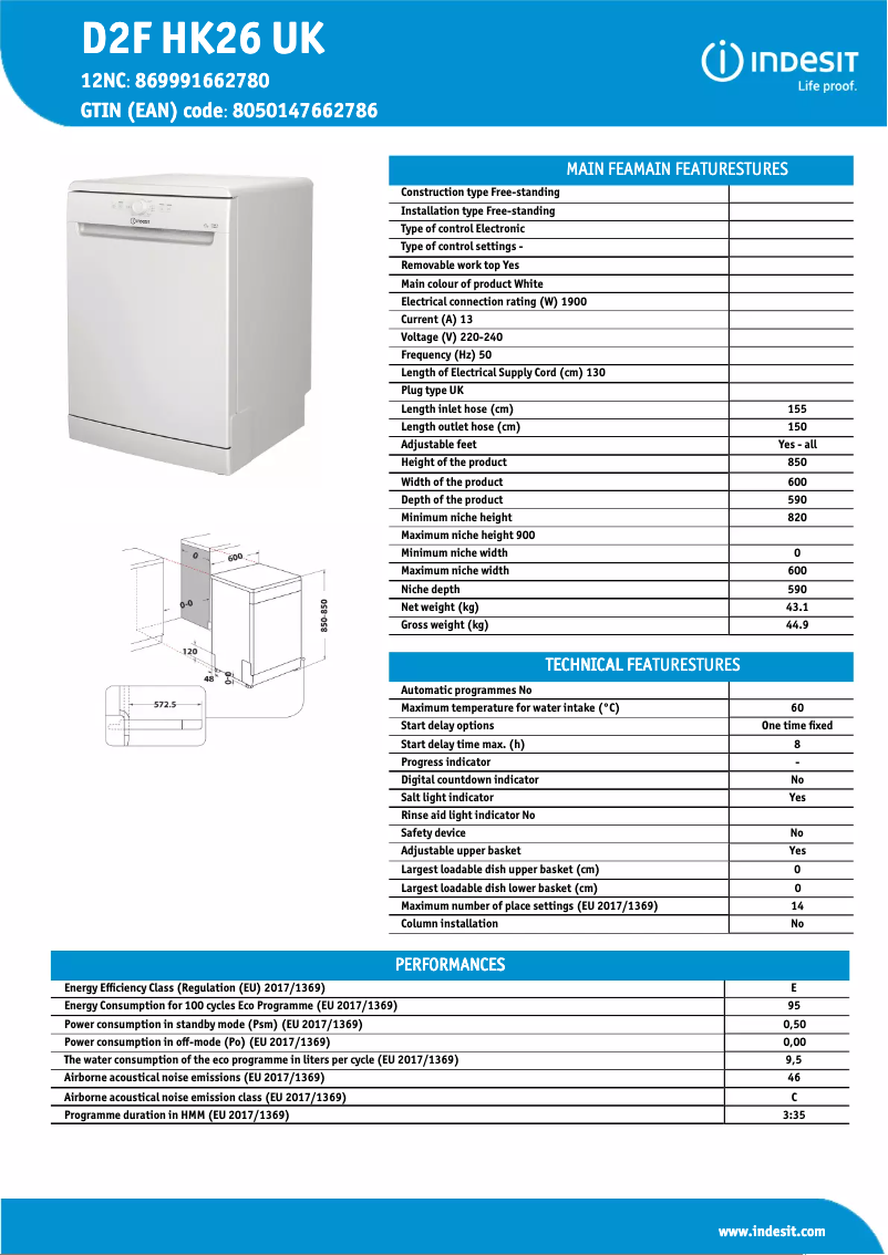 Page 1 de la notice Fiche technique Indesit D2F HK26