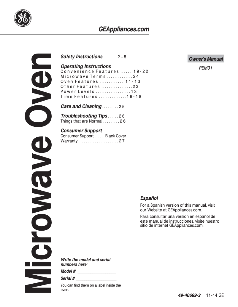 Page 1 de la notice Manuel d'utilisation et d'entretien GE PEM31DFCC Profile