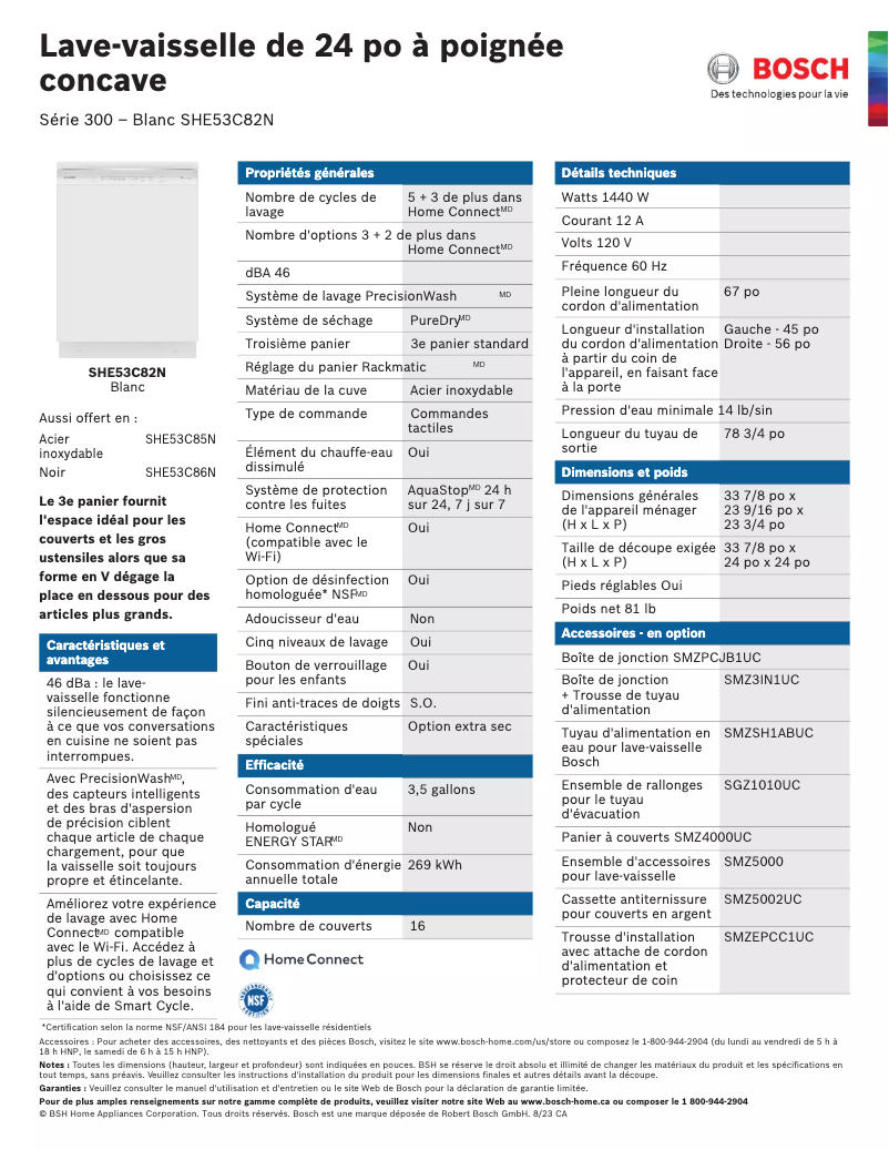 Page n°1 - Fiche technique Bosch SHE53C82N
