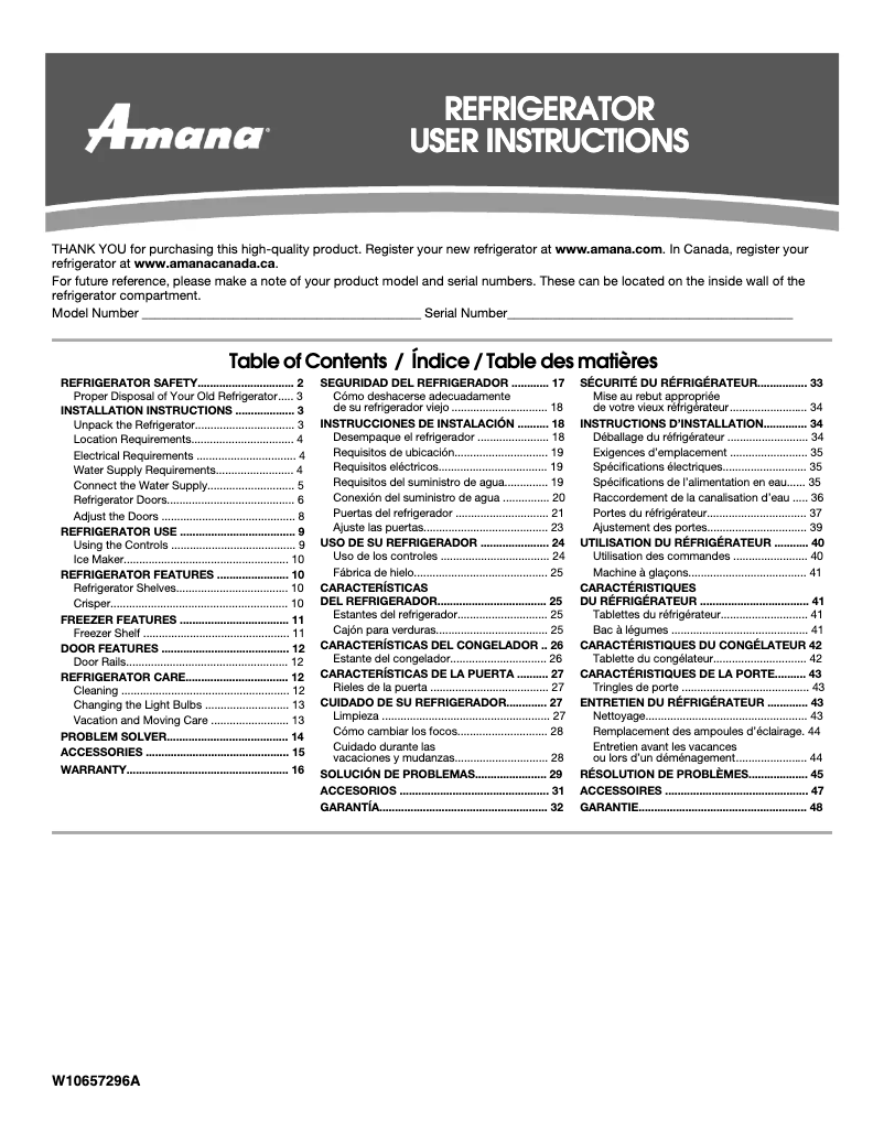 Page n°1 - Manuel d'utilisation et d'entretien Amana ART308FFDB