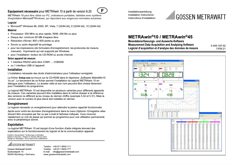 Page 1 de la notice Guide d'installation Gossen Metrawatt METRAwin 10