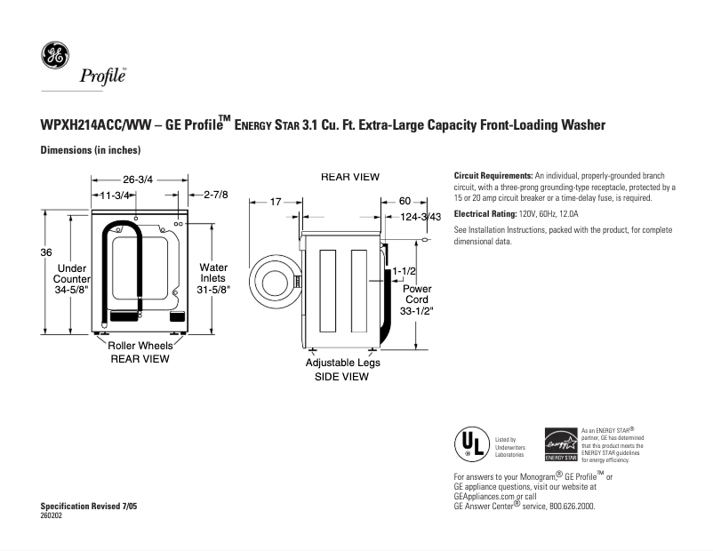 Page n°1 - Fiche technique GE Profile WPXH214ACC