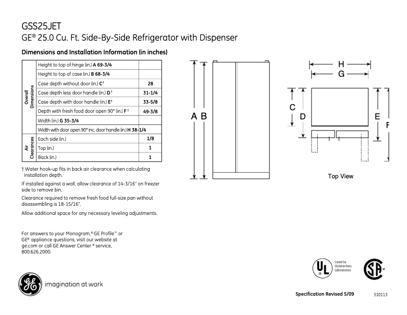 Page 1 de la notice Fiche technique GE GSS25JETCC