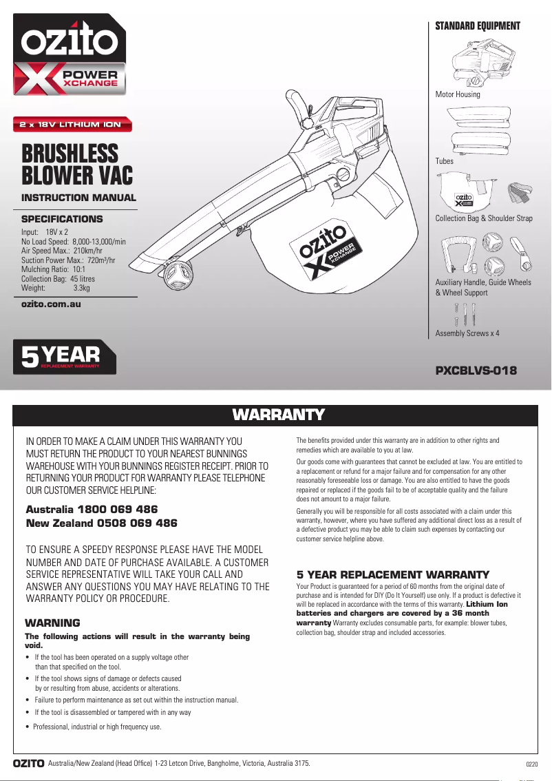 Página 1 del manual Manual de usuario Ozito PXCBLVS-018