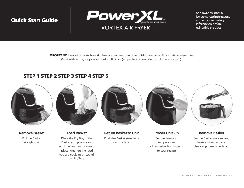 Page 1 de la notice Guide de démarrage rapide PowerXL Vortex Air Fryer ID1701A