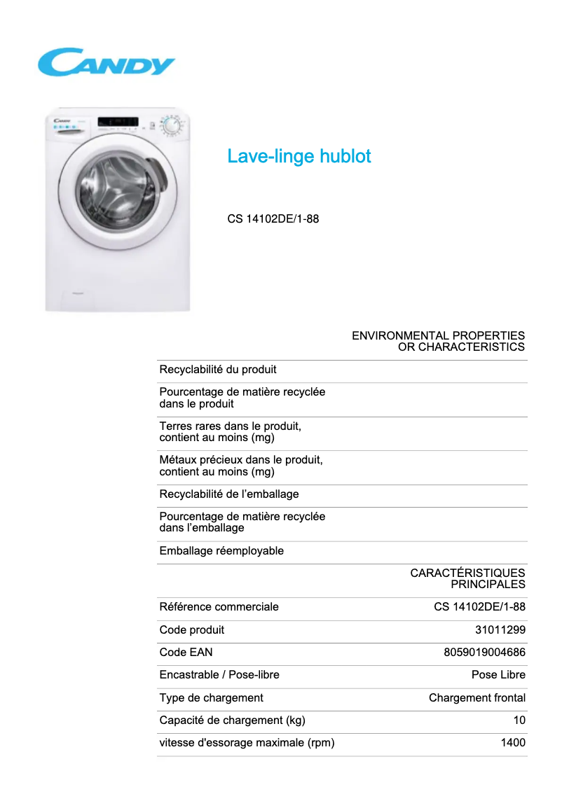 Page n°1 - Fiche technique Candy Smart CS 14102DE/1-88