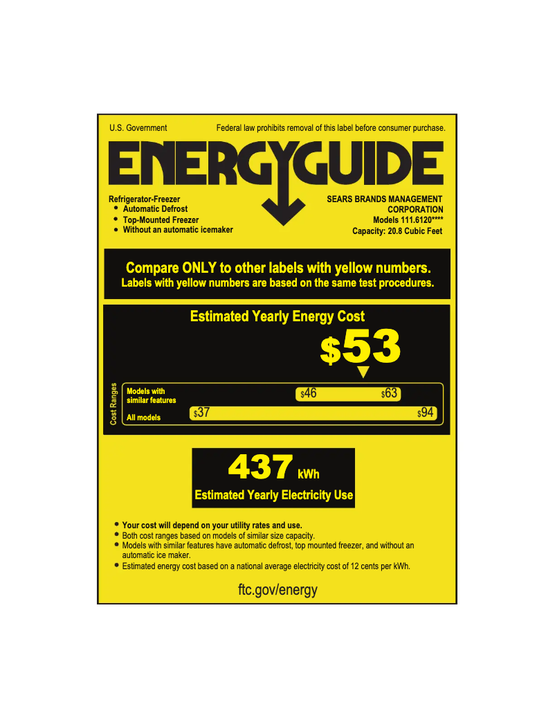 Page 1 de la notice Label énergétique Kenmore 61202