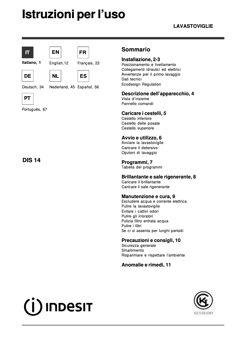 Page 1 de la notice Manuel utilisateur Indesit DIS 14