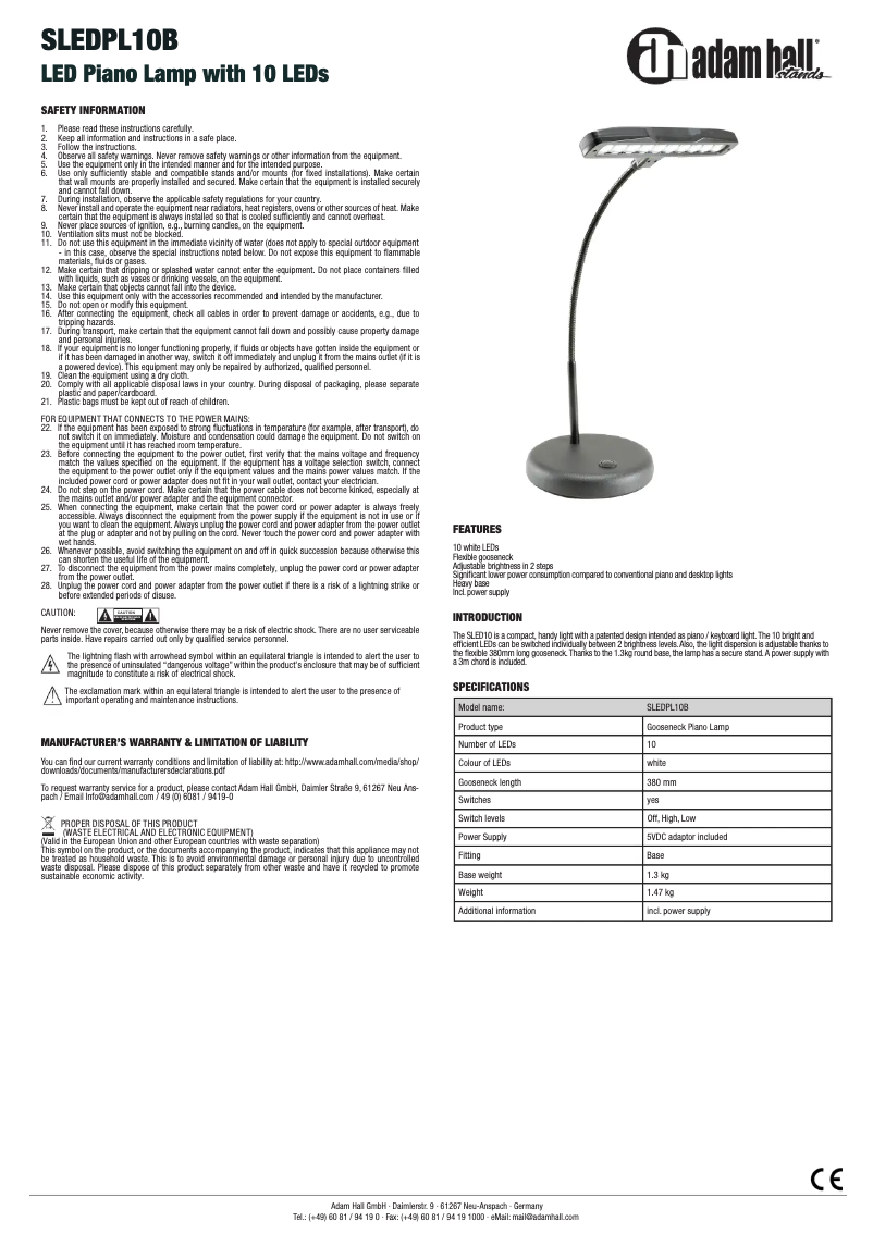 Page 1 de la notice Manuel utilisateur Adam Hall SLEDPL10B